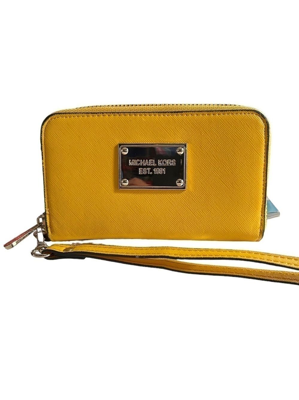 Michael Kors Jet Set Wristlet Wallet in vibrant yellow Saffiano leather.
